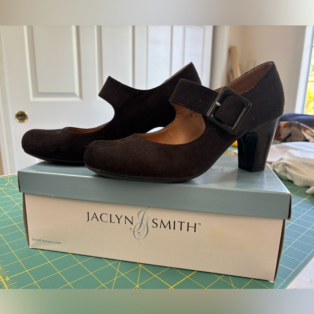 Black suede chunky heels, Jaclyn Smith brand, size 9 1/2 wide.